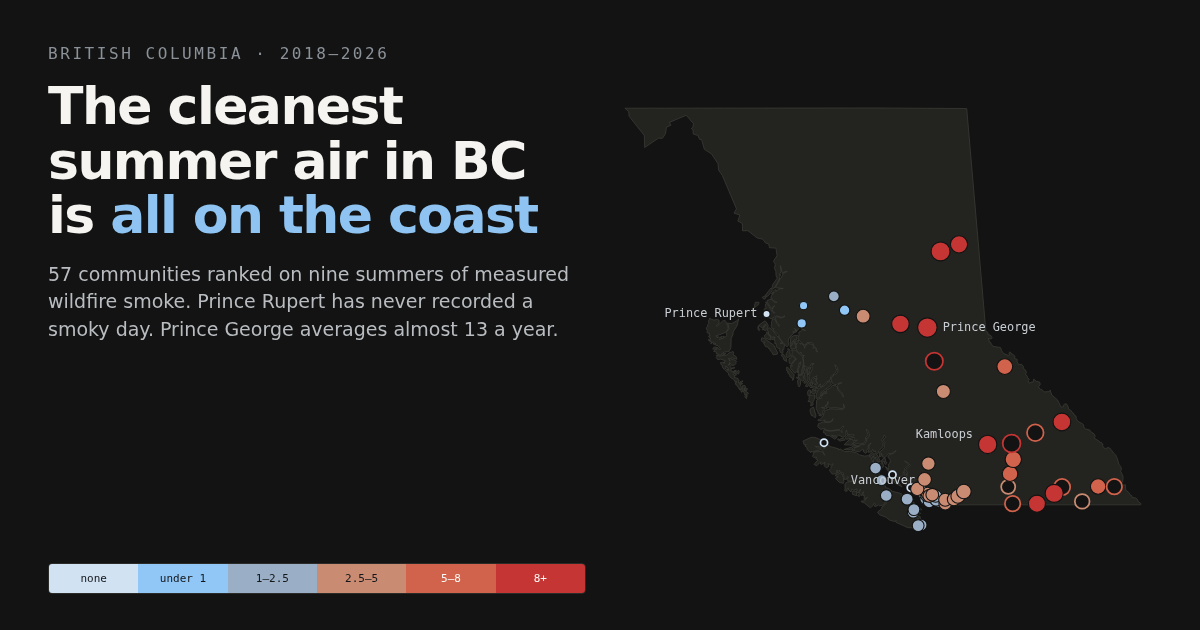 Map of BC with each monitored community shaded by how many smoky days it averages each summer.